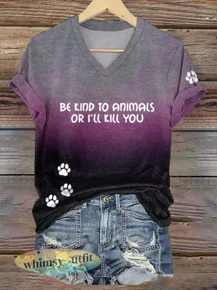 Vrouwen zijn aardig voor dieren of ik vermoord je T-shirt met V-hals - Purper / S