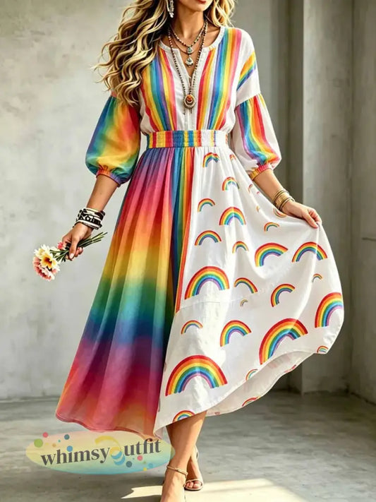 Vrouwenprijdmaand Regenboog Bloemenkunstprint Jurk - als foto / S
