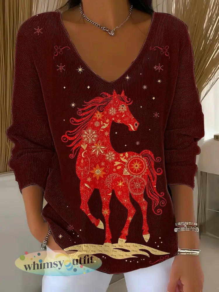 Western rood paard met V-hals linttop voor dames - Rood / S