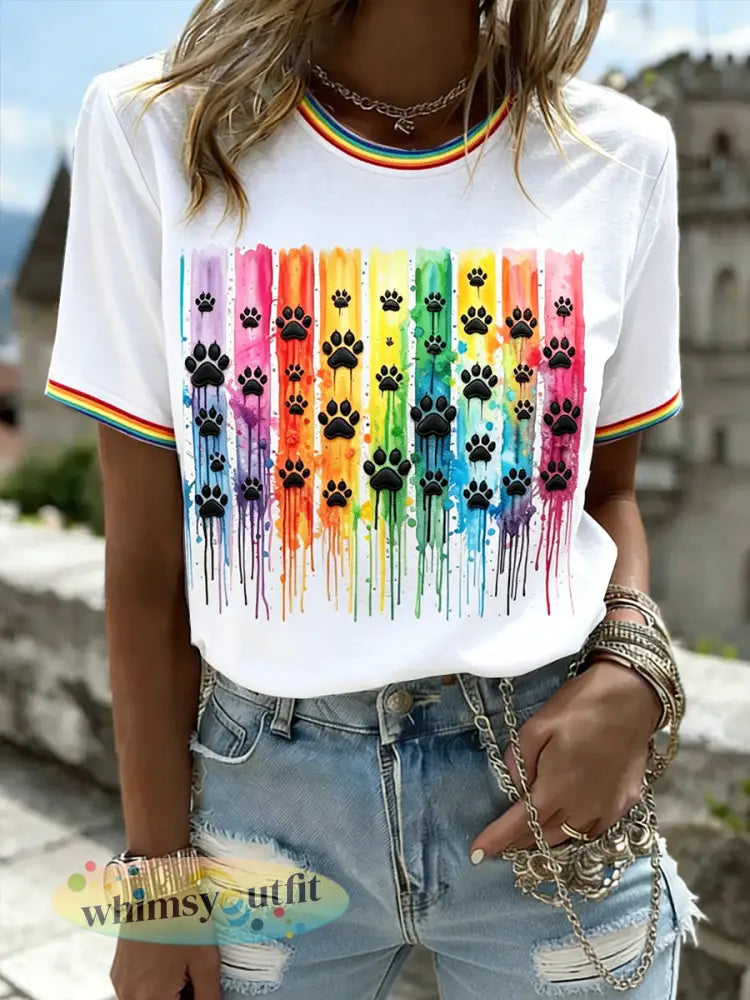 White Holland Amsterdam Regenboogprint casual T-shirt voor dames - Wit / S