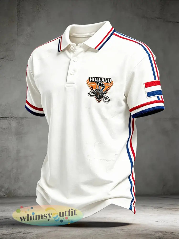 White Holland fietsprint casual poloshirt met korte mouwen voor heren - Wit / S