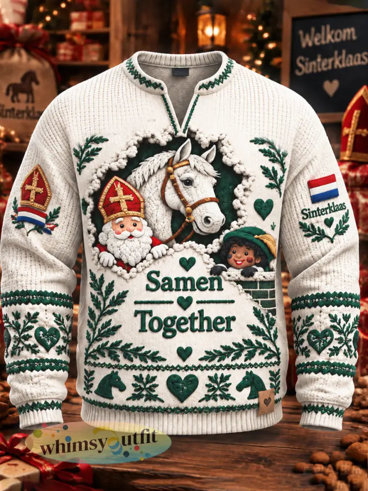 Wit casual heren-sweatshirt met V-hals en Nederlandse Sinterklaasprint - Wit / S