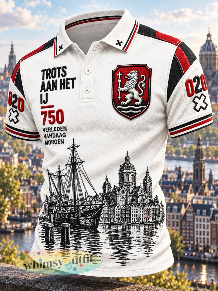 Wit casual poloshirt voor heren met Amsterdam-stadprint - Wit / S