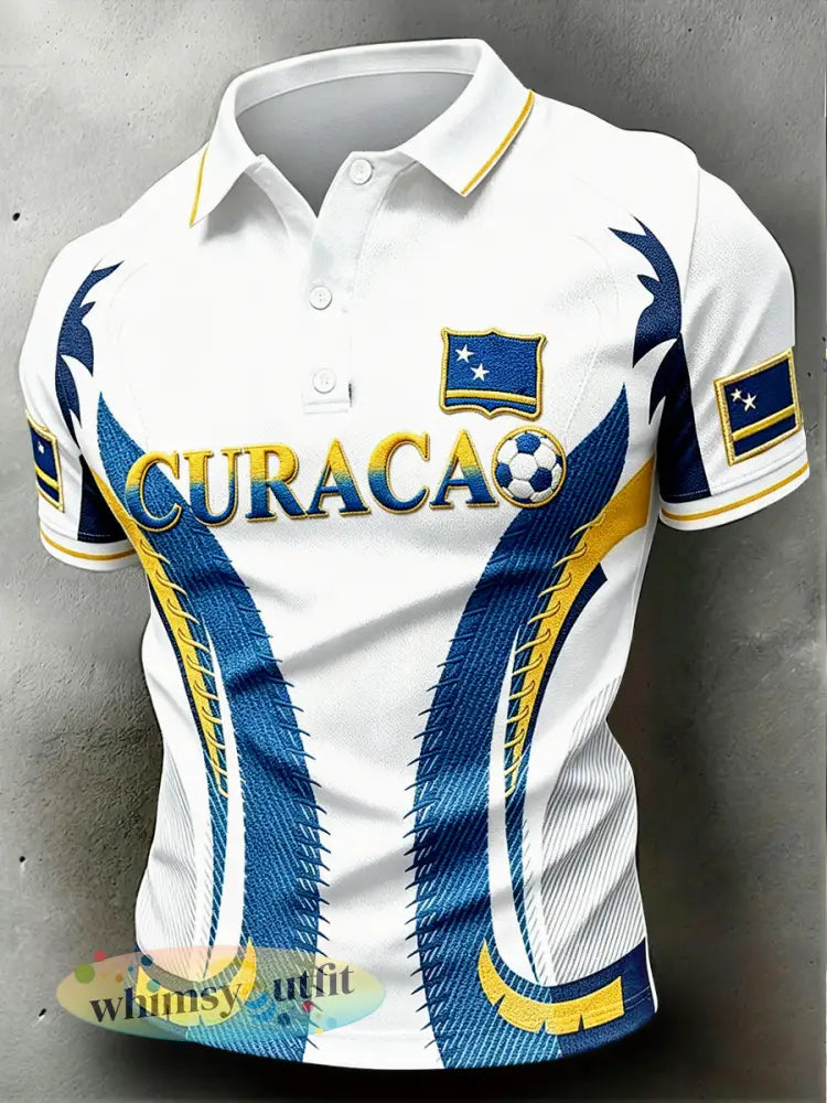 Wit casual poloshirt voor heren met voetbalprint van Curaçao - Wit / S