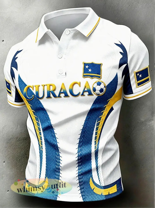 Wit casual poloshirt voor heren met voetbalprint van Curaçao - Wit / S