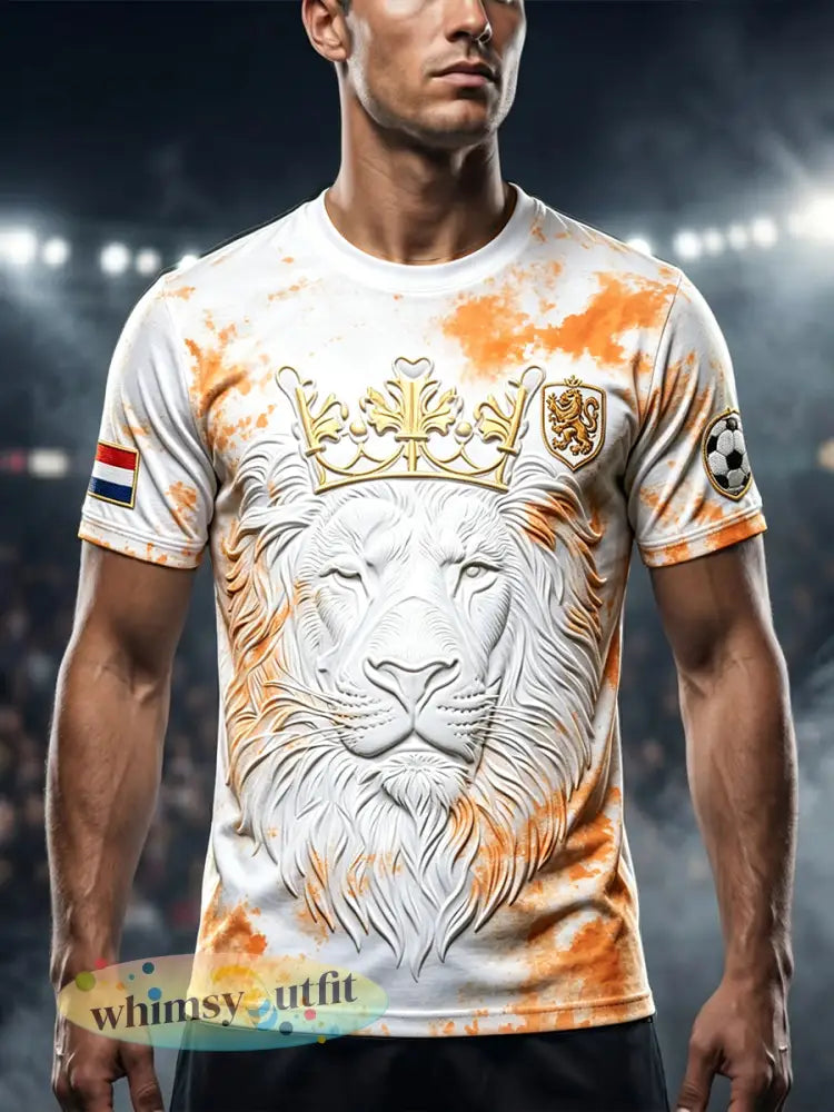 Wit casual t-shirt voor heren met 3D-print van de Nederlandse leeuw - Wit / S