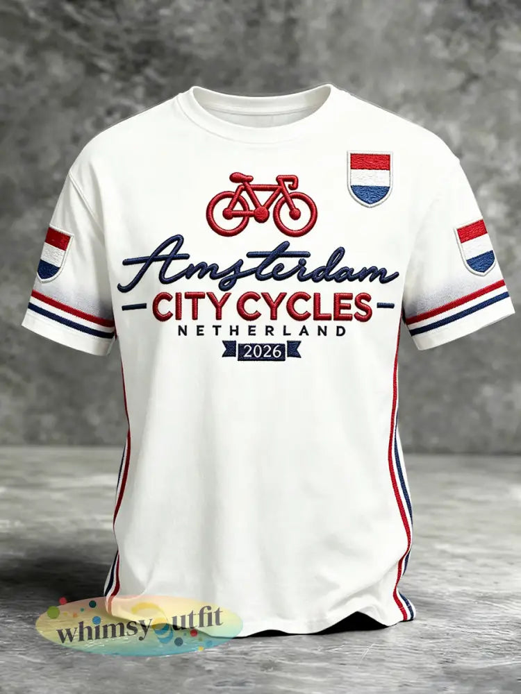 Wit heren Amsterdam Cycling Print Casual T-shirt - Wit / S