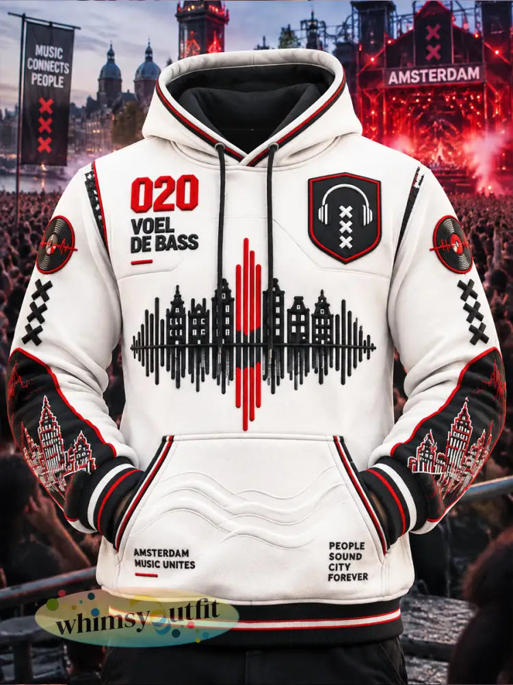 Wit heren-sweatshirt met capuchon en print van het Amsterdam Electronic Music Festival in casual stijl - Zwart / S