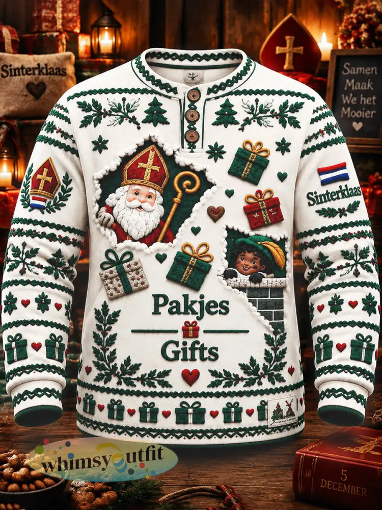 Wit heren-sweatshirt met Henley-hals en Sinterklaasprint voor dagelijks gebruik - Wit / S