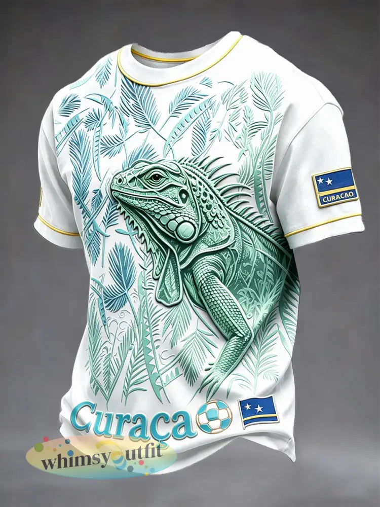 Wit heren-T-shirt met groene Iguana-print voor vrijetijdsgebruik - Wit / S