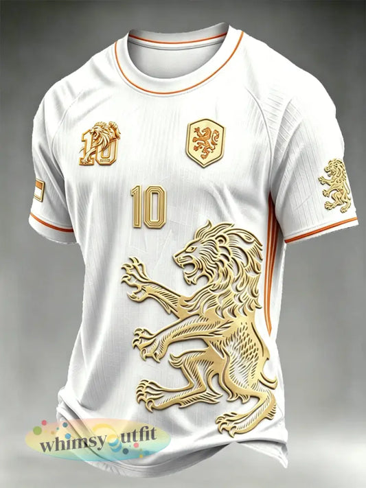 Wit heren-T-shirt met Nederlandse voetbalprint en leeuwenmotief vrijetijdsstijl met afhangende schouders - Wit / S