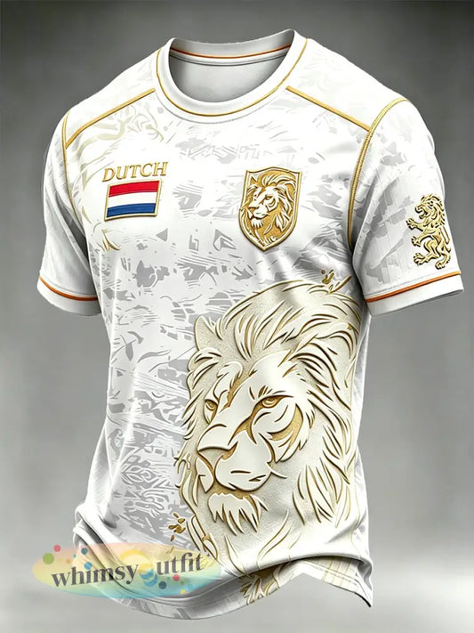 Wit heren-T-shirt met Nederlandse voetbalprint leeuwencamouflage en vrije schouders casual stijl - Wit / S