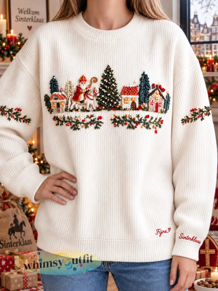 Wit informeel sweatshirt voor dames met Sinterklaasprint - Beige / S