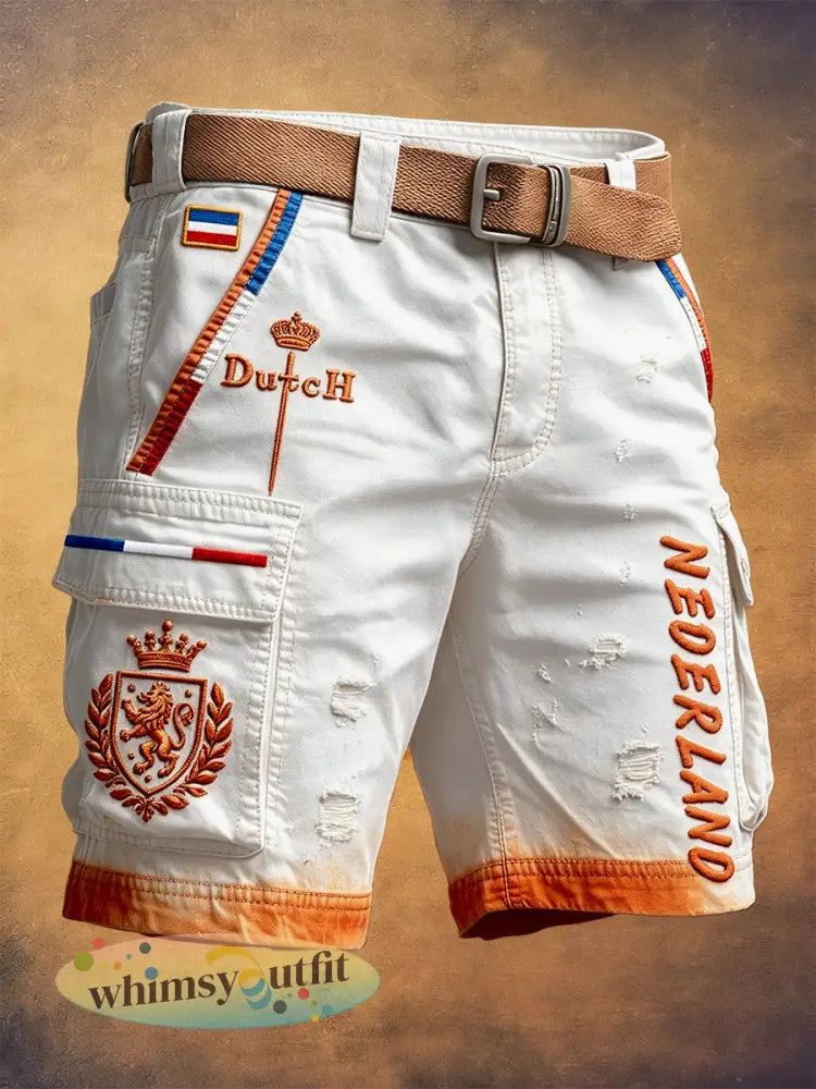 Wit Nederlands voetbal heren-geïnspireerde noodrijdende print casual werkshorts - Wit / S