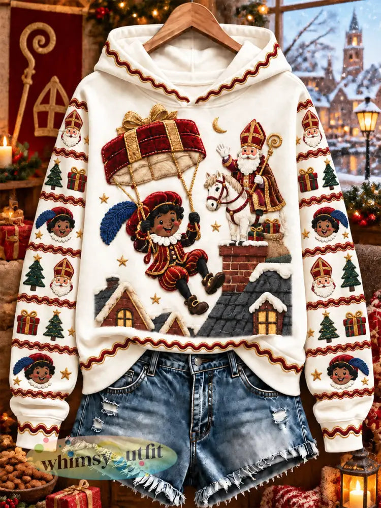 Witte casual dameshoodie met print van Sinterklaas - Romig-Wit / S