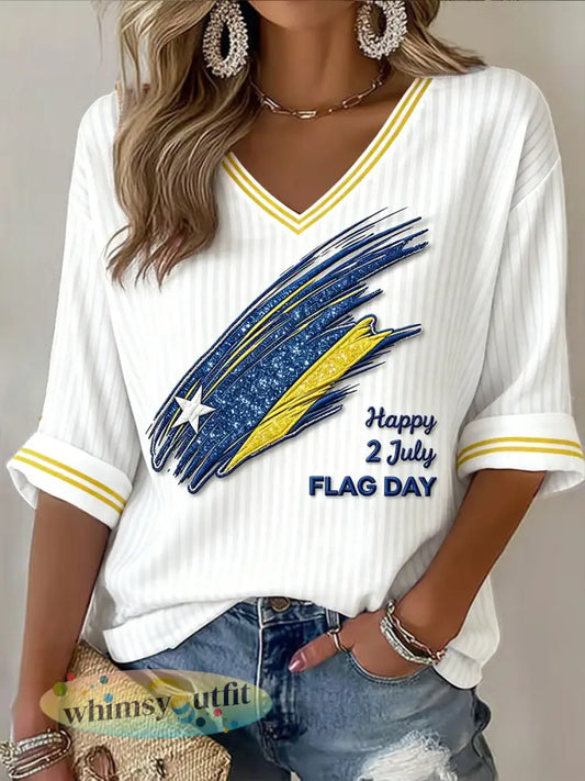 Witte Curaçao Vlag Streepprint Casual V-hals T-shirt - Wit / S