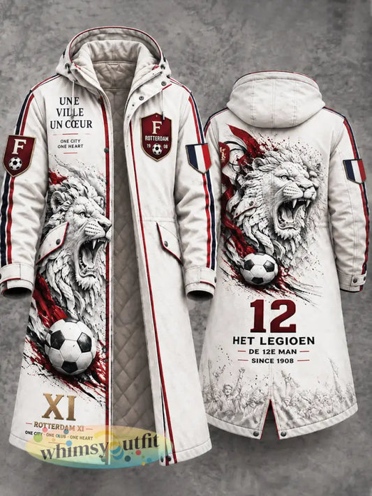 Witte Feyenoord (Eredivisie) lange vrijetijdsjas met leeuwenprint en capuchon voor heren - Wit / S