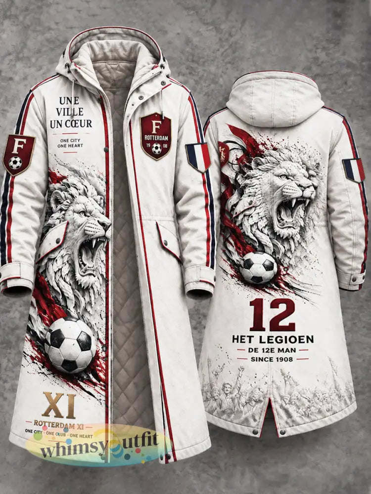 Witte Feyenoord (Eredivisie) lange vrijetijdsjas met leeuwenprint en capuchon voor heren - Wit / S