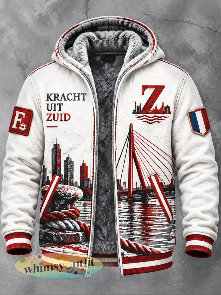 Witte gevoerde casual hooded jas voor heren van Feyenoord met Eredivisie-voetbalprint - Wit / S