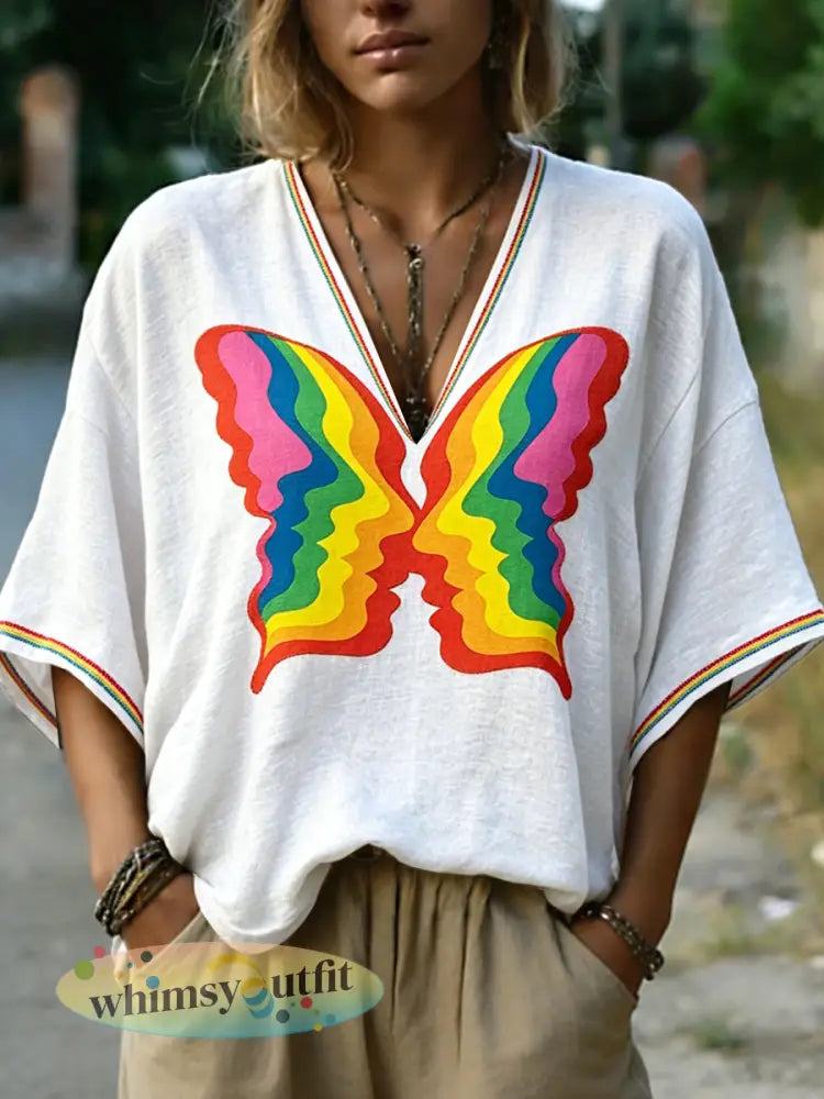 Witte Regenboog LGBT Pride Print Casual V-hals T-shirt voor dames - Wit / S