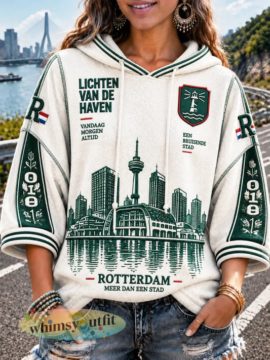 Witte Rotterdam-geprinte patchwork casual hoodie voor dames - Romig-Wit / S