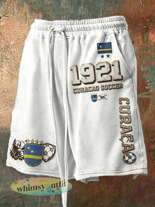 Witte vintage voetbalprint korte broek voor heren met vlag van Curaçao casual model met trekkoord - Wit / S