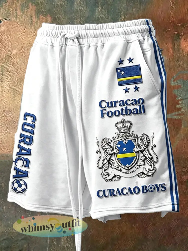 Witte voetbalprint voor heren met vlag van Curaçao casual korte broek met trekkoord - Wit / S
