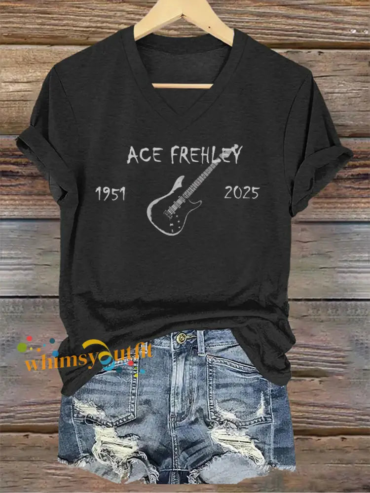 Women’s Ace Frehley Printed V-neck T-shirt Black / S