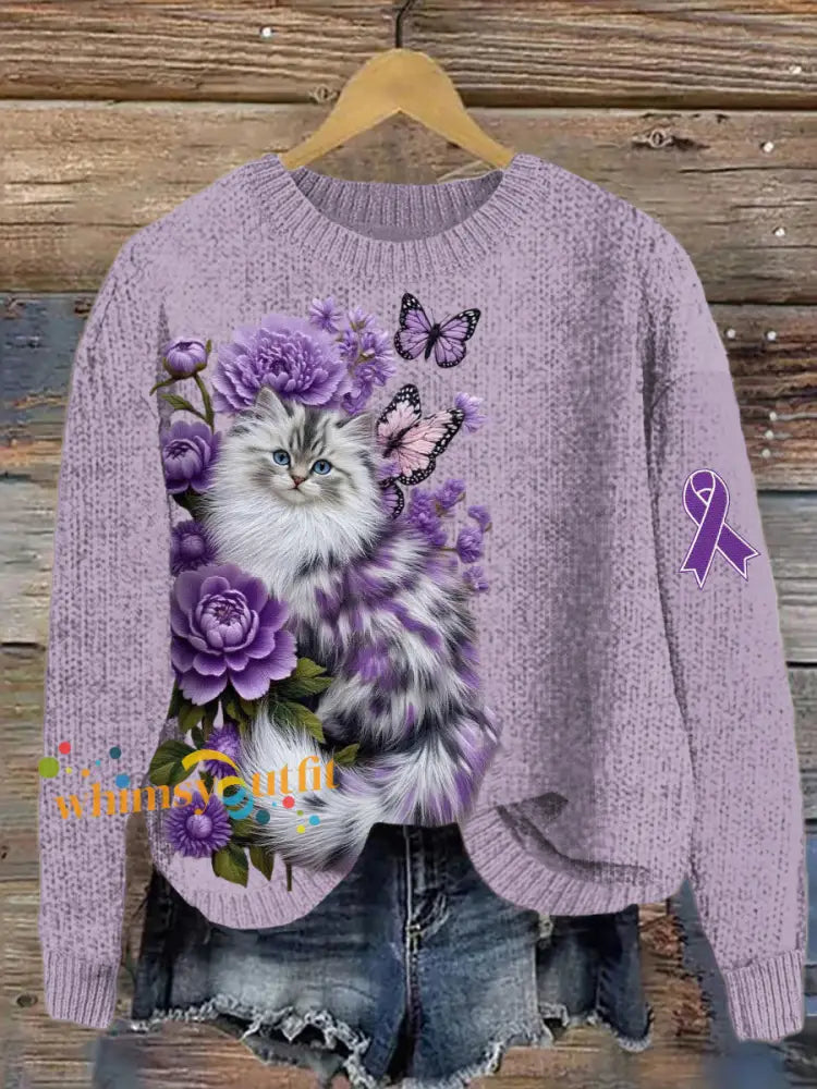 Women’s Alzheimer’s Awareness Purple Animals Print Sweater Light Purple / S