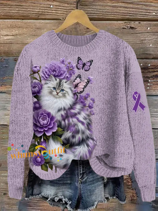 Women’s Alzheimer’s Awareness Purple Animals Print Sweater Light Purple / S