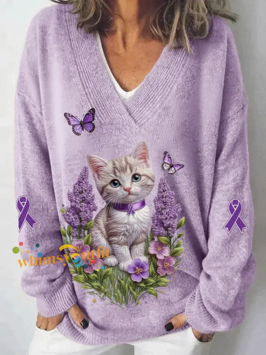 Women’s Alzheimer’s Awareness Purple Animals Print Sweater Purple / S