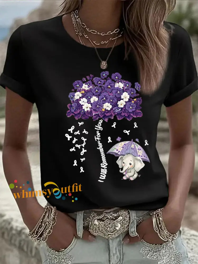Women’s Alzheimer’s Awareness Purple Floral Print Casual T Shirt Black / S
