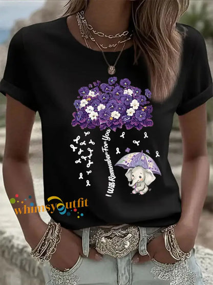 Women’s Alzheimer’s Awareness Purple Floral Print Casual T Shirt Black / S