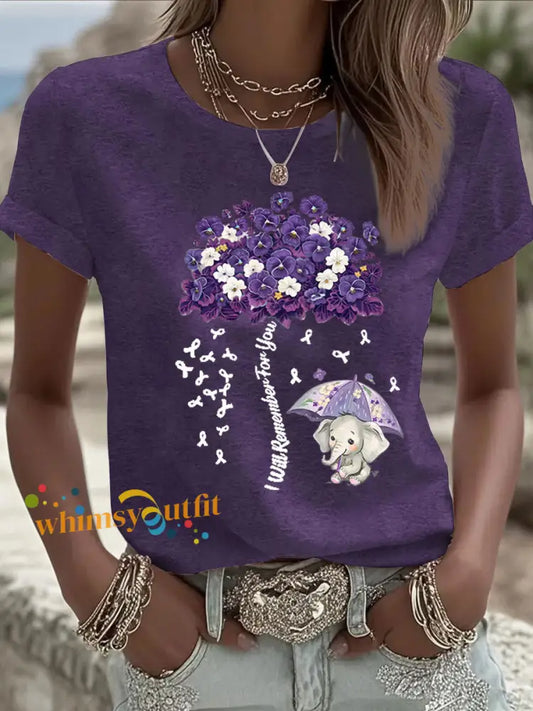 Women’s Alzheimer’s Awareness Purple Floral Print Casual T Shirt Deep Purple / S