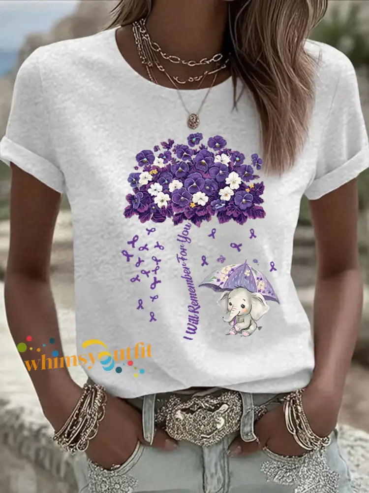 Women’s Alzheimer’s Awareness Purple Floral Print Casual T Shirt White / S