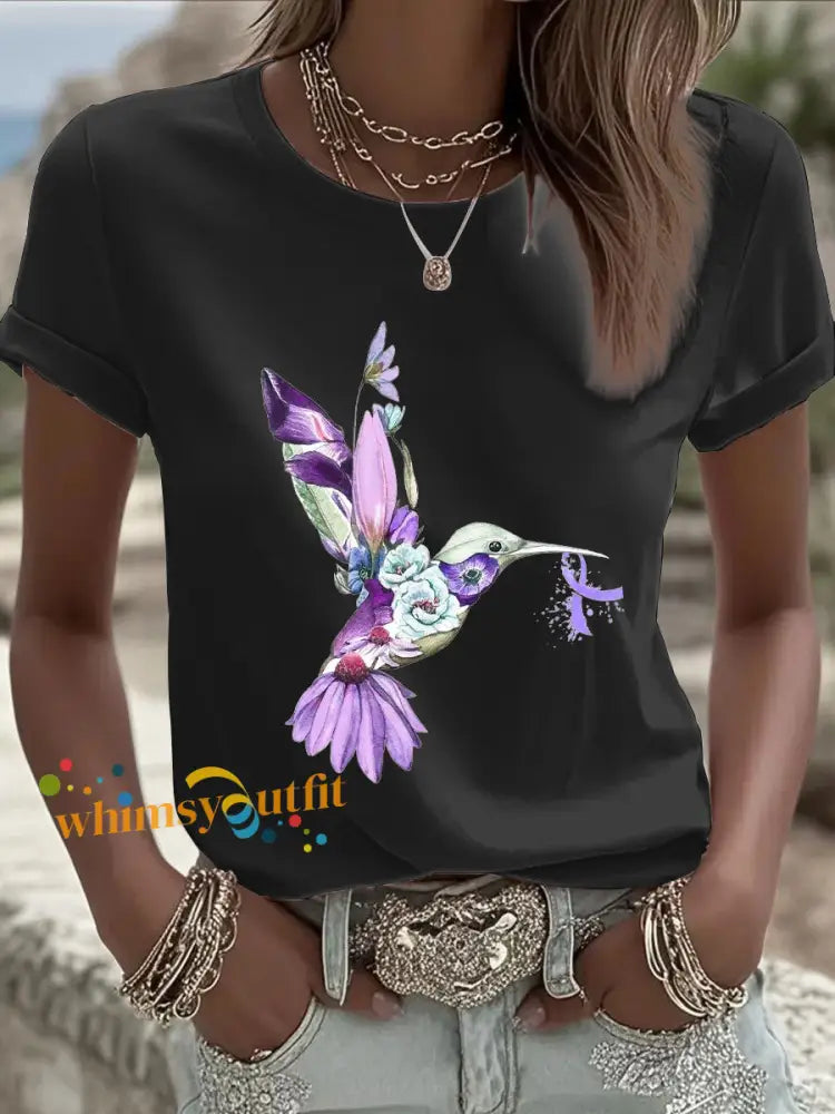 Women’s Alzheimer’s Awareness Purple Hummingbird T Shirt Black / S