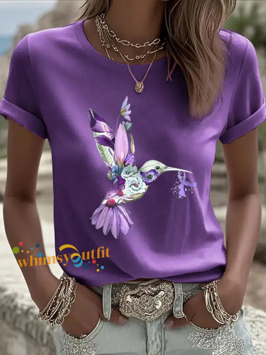 Women’s Alzheimer’s Awareness Purple Hummingbird T Shirt Deep Purple / S