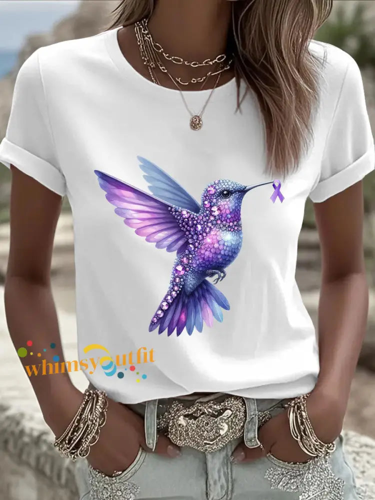 Women’s Alzheimer’s Awareness Purple Hummingbird T Shirt White / S