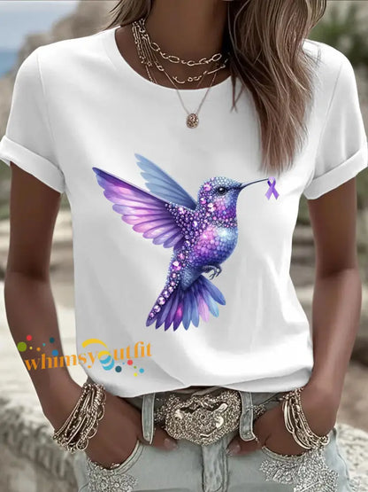 Women’s Alzheimer’s Awareness Purple Hummingbird T Shirt White / S