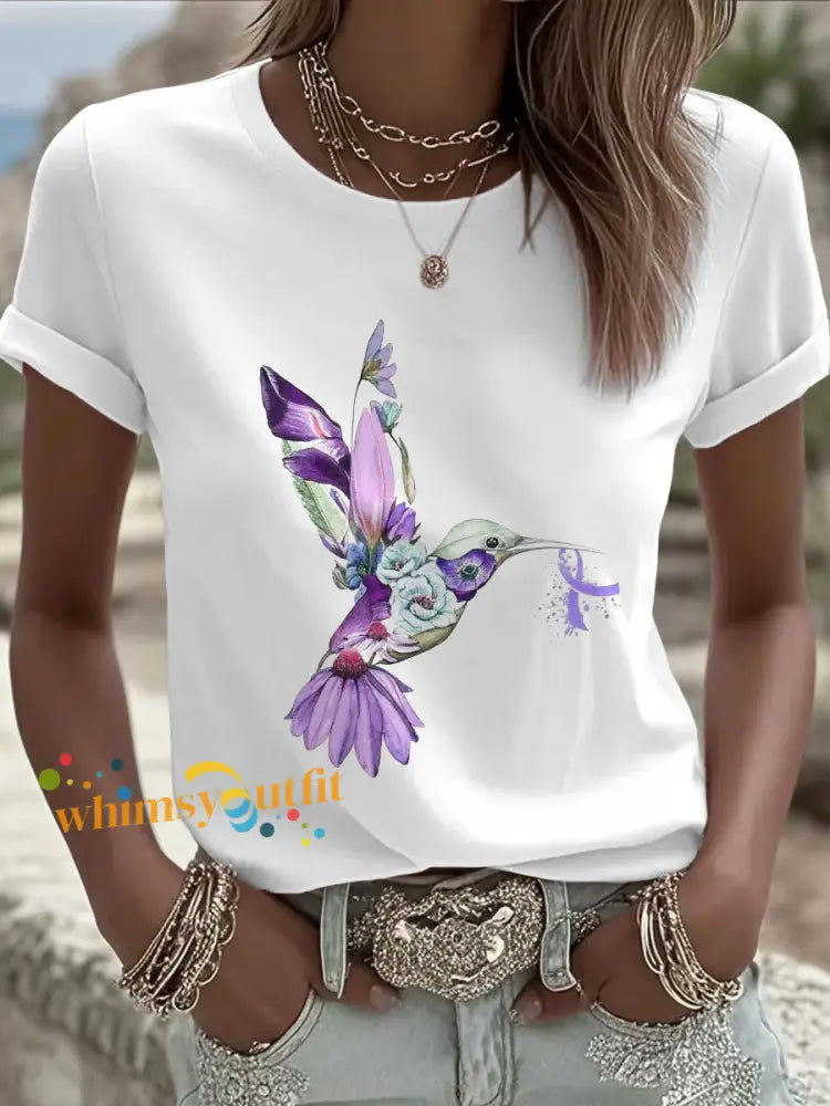 Women’s Alzheimer’s Awareness Purple Hummingbird T Shirt White / S