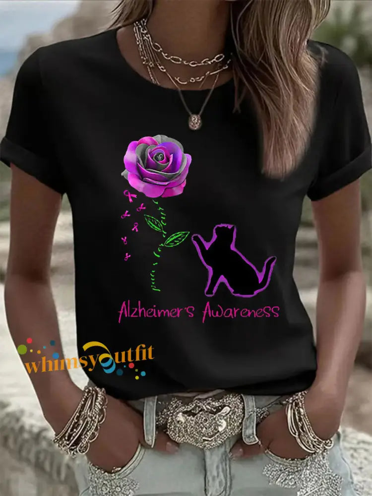 Women’s Alzheimer’s Awareness Purple Ribbon Print Casual T Shirt Black / S