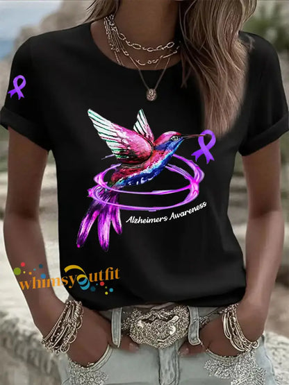 Women’s Alzheimer’s Awareness Purple Ribbon Print Casual T Shirt Black / S