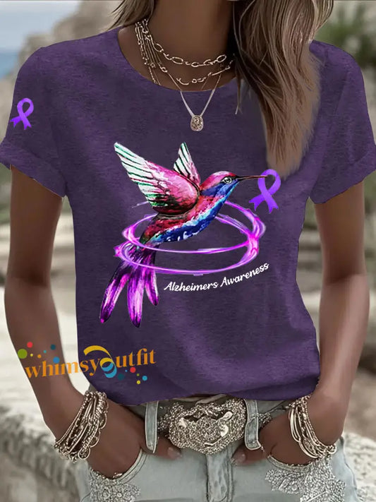 Women’s Alzheimer’s Awareness Purple Ribbon Print Casual T Shirt Deep Purple / S