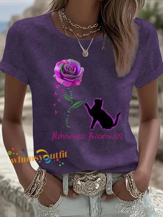 Women’s Alzheimer’s Awareness Purple Ribbon Print Casual T Shirt Deep Purple / S