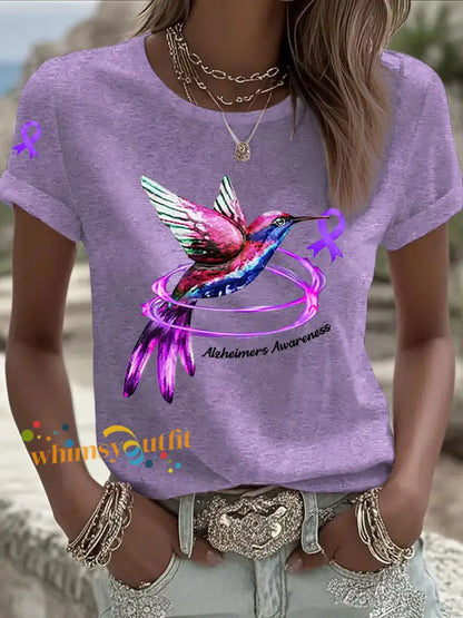 Women’s Alzheimer’s Awareness Purple Ribbon Print Casual T Shirt Light Purple / S