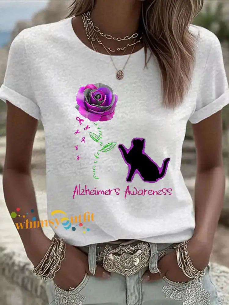 Women’s Alzheimer’s Awareness Purple Ribbon Print Casual T Shirt White / S
