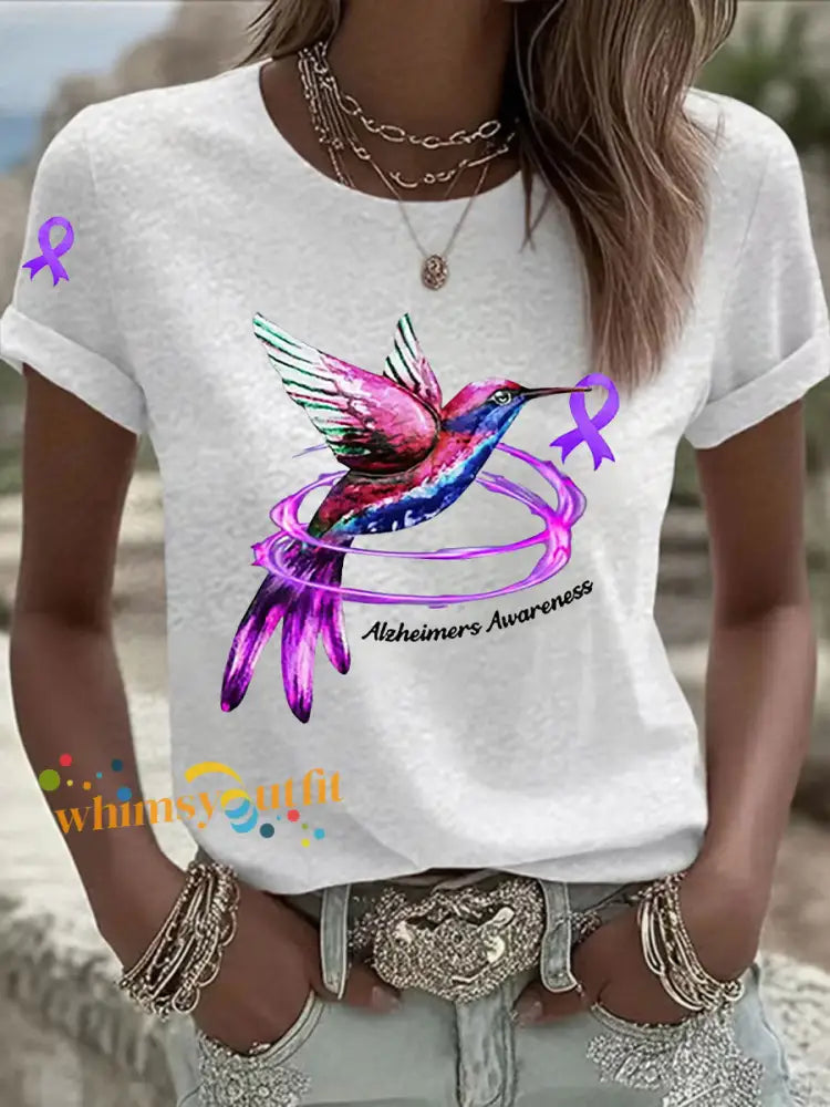 Women’s Alzheimer’s Awareness Purple Ribbon Print Casual T Shirt White / S