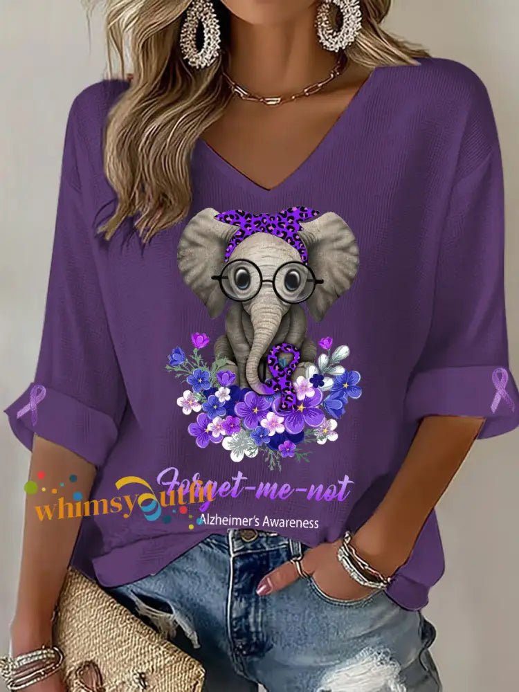 Women’s Alzheimer’s Elephant V Neck Tops Purple / S