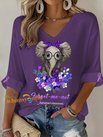 Women’s Alzheimer’s Elephant V Neck Tops Purple / S