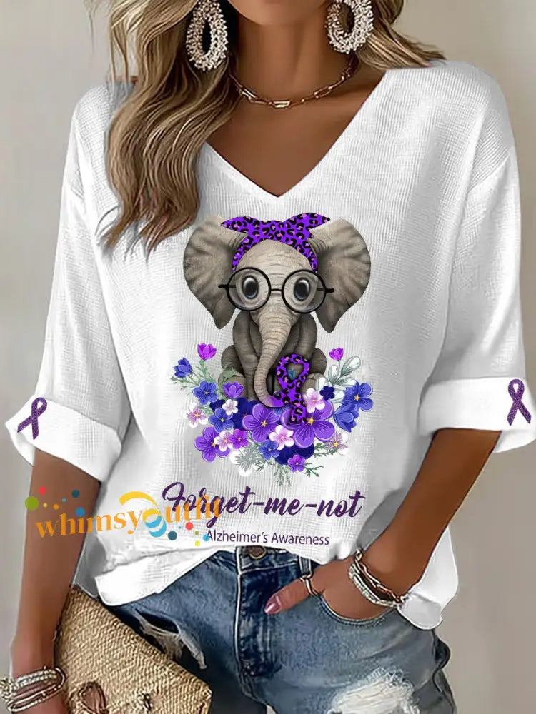 Women’s Alzheimer’s Elephant V Neck Tops White / S